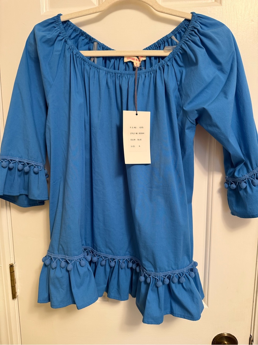 Blue Top with Ruffles and Ball Fringe